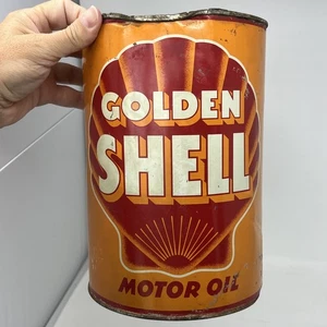 Original 1940 GOLDEN SHELL ACEITE DE MOTOR Lata Soldada 5 qt Lata Gas Publicidad - Imagen 1 de 24
