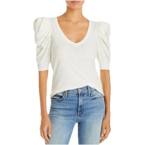 Nation LTD Celine Puff Sleeve Smocked V-Neck Cotton Tee Off White Size Medium - Imagen 1 de 8