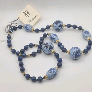 Vintage Helenka handbemalt Perlenkette blau Blumen Keramik Etikett 28" - Bild 1 von 9