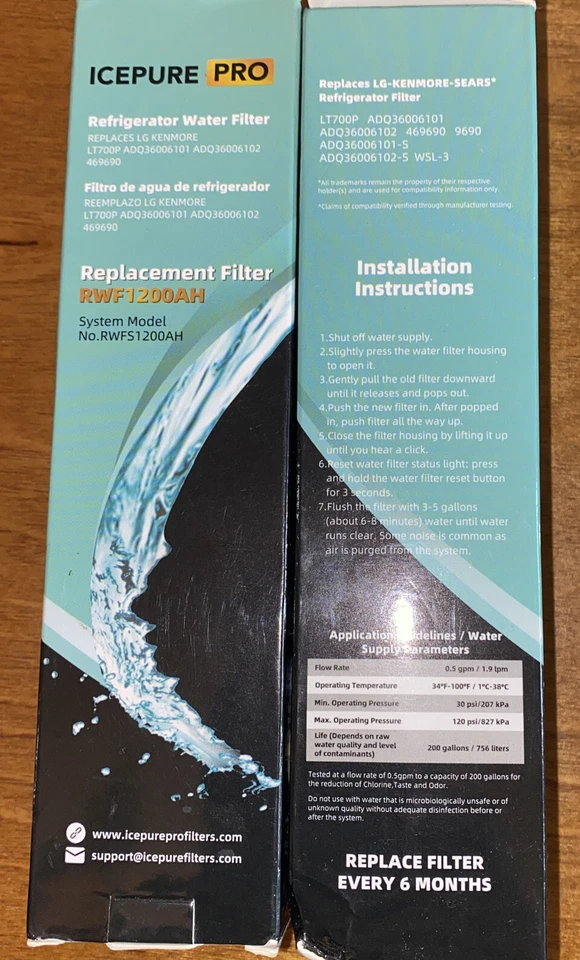 2 IcePure Pro RWF1200AH Refrigerator Water Filter Replaces LG Kenmore 46-9690 - Image 1 of 1