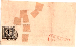 BADEN MiNr 1a "43" FREIBURG (roter Brikettstempel) Faltbrief, 12-Juni 51, - Bild 1 von 2