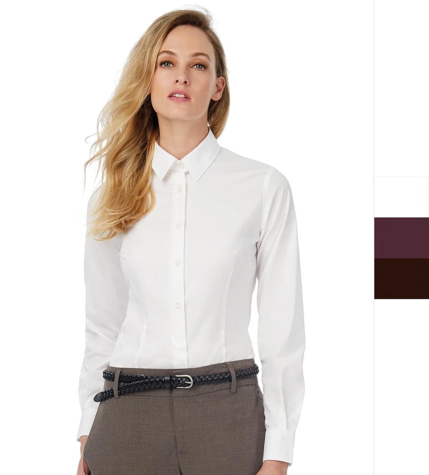 B&C Damen langarm Bluse Elastan Anteil Popelin LA Black Tie LSL SWP23 NEU - Bild 1 von 4