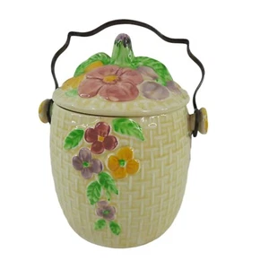 Vintage Wade Heath Biscuit Barrel Yellow Pink Floral Basketweave England Pottery - Picture 1 of 10