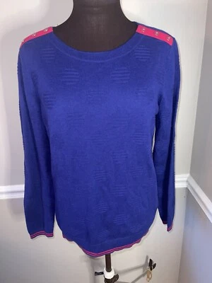 Talbots Womens Sweater Nautical Blue Hot Pink Button Detail Sz M Jacard Pattern - Image 1 of 4