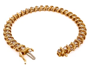 Estate 14k Yellow Gold Classic Diamond S Link Tennis Bracelet 7” - Picture 1 of 5