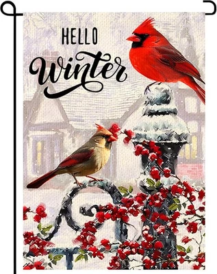 Hello Winter Cardinal Garden Flags 12×18 Inch Double Sided Xmas Cardinal Garden - Image 1 of 4