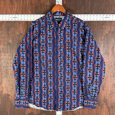 Wrangler Checotah Southwestern Aztec LS Western Pearl-Snap Shirt Blue Men XL - Image 1 of 4