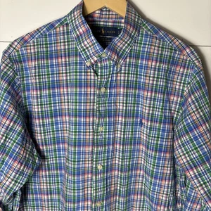 Camicia Ralph Lauren uomo grande blu verde a quadri vestibilità classica manica lunga elasticizzata - Foto 1 di 15