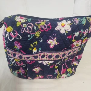 Vera Bradley Schultertasche gesteppt Blumen dunkelblau Reißverschlusstaschen verstellbarer Riemen - Bild 1 von 7