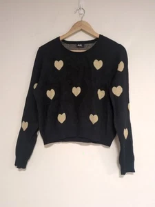 Dotti Jumper Black Hearts Cropped Long Sleeve Size M - Picture 1 of 6