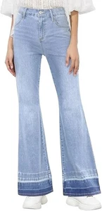 TAGLIA 18 Jeans donna svasato vita alta fondo a campana elasticizzato toppa orlo denim - Foto 1 di 6