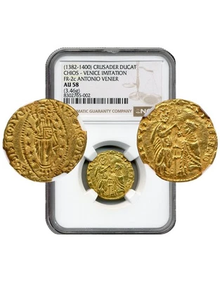 1382-1400 Crusader Ducat Chios, Venice Type - Choice About UNC, NGC AU58 Foto 1 de 4