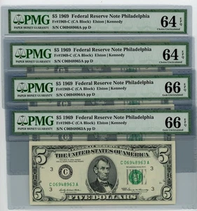 Fr. 1969-C $5 1969 4 Consec. Federal Reserve Note 64-66 EPQ PMG dc-2549 - Picture 1 of 3