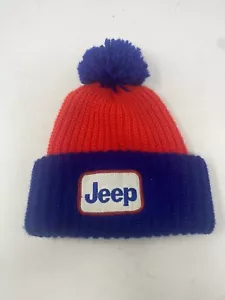 Vintage Jeep Knit Beanie Hat Red Embroidered Patch Pompom - Picture 1 of 8