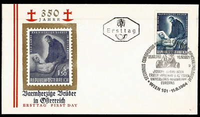 1964 Austria Bothers of Mercy 350th Ann.  Brother & Patient  First Day Cover FDC - Image 1 of 3