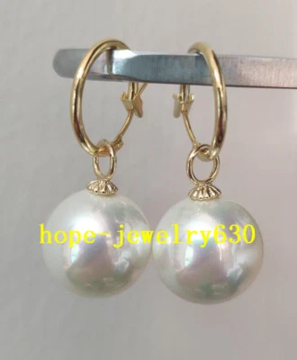 HUGE AAA+ 16mm Natural South Sea White Shell Pearl Earrings 14K  Gold Hook - Image 1 of 4