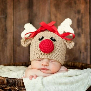 Säugling braun/weiß Rudolph Weihnachten Neugeborenes mit Schleifenknoten Beanie/Mütze - Bild 1 von 5