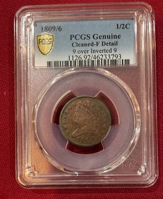 1809/6 Half Cent - PCGS Genuine - Cleaned-F Detail, 9 Over Inverted 9 - Image 1 of 2