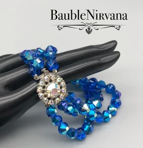 Vintage Marineblau AB irisierend Glas Kristall 3 Strang Perlen Armband - Bild 1 von 5