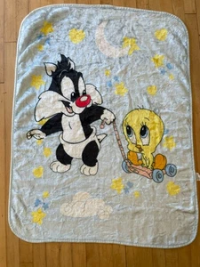 Manta de felpa vintage Baby Looney Tunes Sylvester Piolín 1999 33x43 azul - Imagen 1 de 8