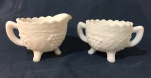 Vintage Imperial Milk Glass Creamer Sugar Bowl White 3-Footed Grapes 2 Pc Set - Picture 1 of 12