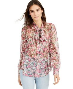INC Women's Floral Pattern Sheer Bow-Tie Long Sleeve Blouse Size Medium New - Picture 1 of 4