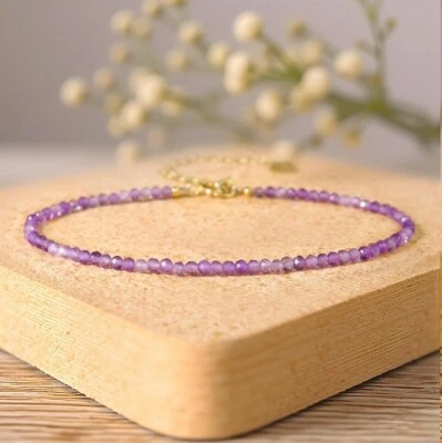 Delicadas pulseras de mujer con cuentas redondas de piedra de nacimiento de febrero facetadas de amatista de 6-8"" Foto 1 de 4