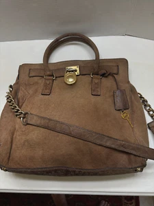 Borsa a mano Michael Kors Hamilton in pelle nabuk marrone con catena - Foto 1 di 8