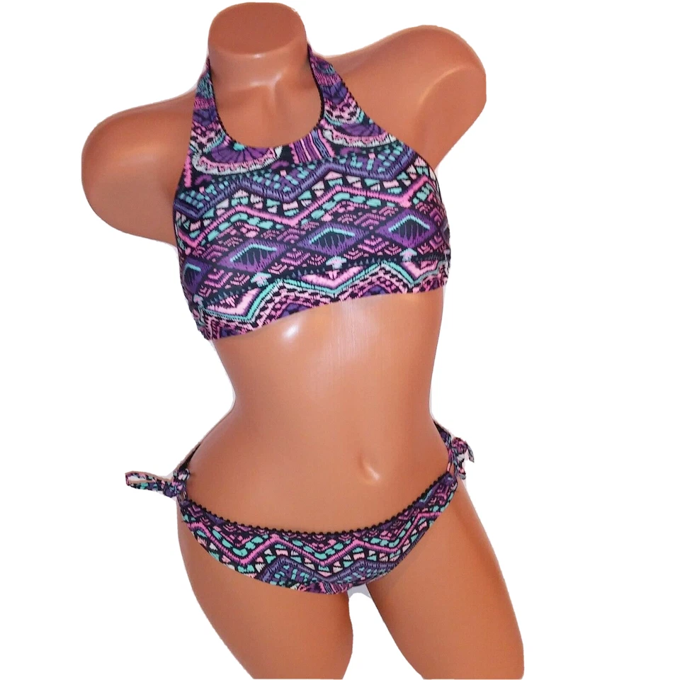SO Bikini de Natación Pequeño Top e Inferior Halter Colorido Geo Lateral Corbata Inalámbrica Foto 1 de 4