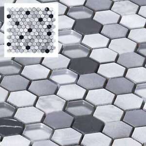 White Calacatta Black Marble Gray Glass Metal 1" Hexagon Mosaic Tile Backsplash