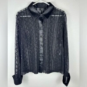 Tribal Größe 14 Damenbluse schwarz transparent Netz Pailletten Knopfleiste Kragen - Bild 1 von 11