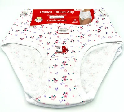 DAISY 4er Pack Taillenslip 100% Baumwolle Damen Slip geblümt ohne Seitennaht Feinripp