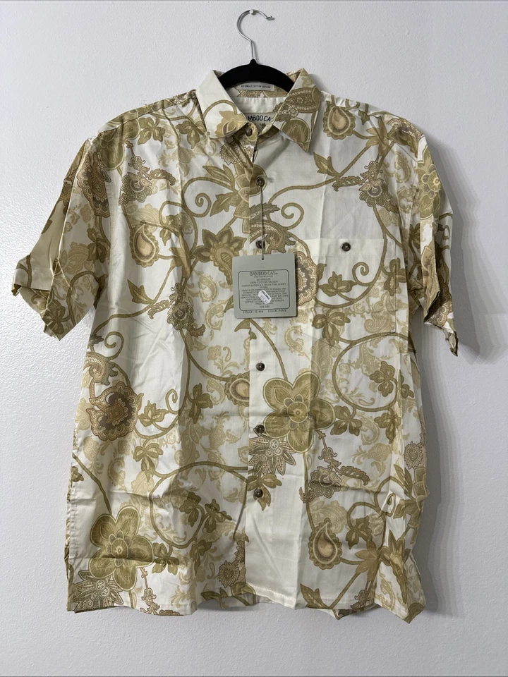 Bamboo Cay 夏威夷纽扣衬衫男式米色花卉缎子度假村装 — 第 1/1 张图片