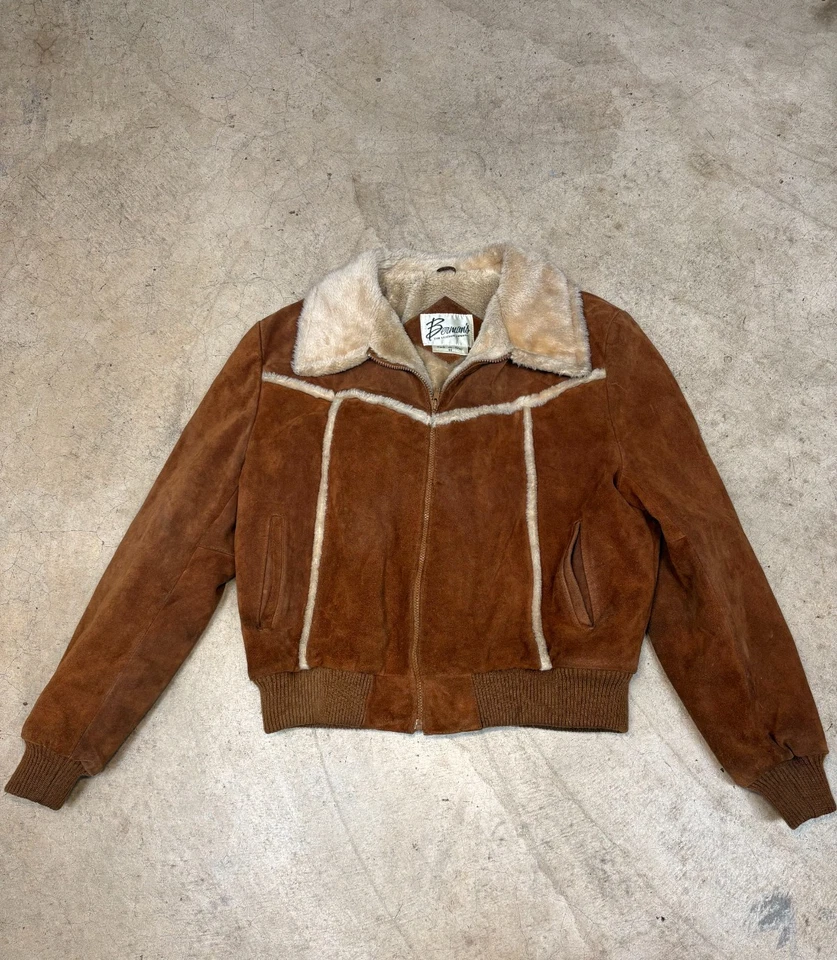 Chaqueta de aviador bombardero de gamuza genuina marrón forrada en piel de oveja Bernard’s vintage L-XL Foto 1 de 4