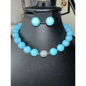 Set Turquoise Colored Lucite Bead Necklace Earrings Rhinestone Bead Closure - Picture 1 of 9