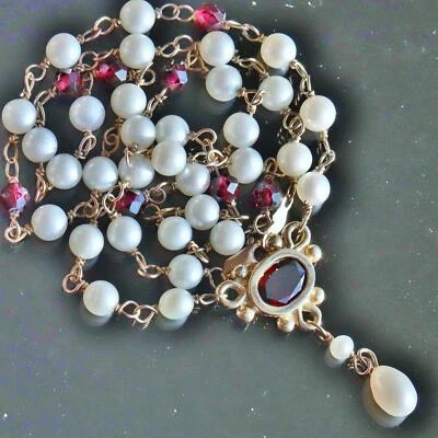 14k yellow gold necklace 0.95ct cultured pearl garnet amethyst bead 16.5"  8.0g - Image 1 of 4