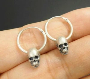 Tiny Small Matte 925 Sterling Silver Skull on Hoop Pierced Earrings Lightweight - Picture 1 of 8