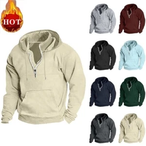 Men Retro Sweatshirt Winter Work Coat Half Zip Up Jumper Long Sleeve Hoodies - Picture 1 of 34