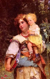 Ölgemälde Cesare-Auguste Detti - Zigeunerin und Kind in Waldlandschaft - Bild 1 von 1