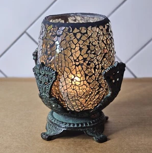 Gold Mosaic Glass Art Tea Light Votive Candle Holder w/ Stand Made In India - Picture 1 of 11