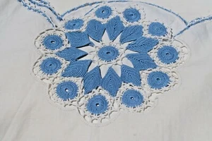 Vintage Handmade Crochet Blue Doily White Cotton Pillow Cases, Set of 2  - Picture 1 of 9