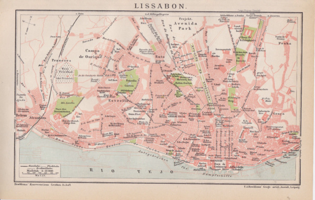 LISBON LISBOA antique town city plano de la cidade. Portugal mapa