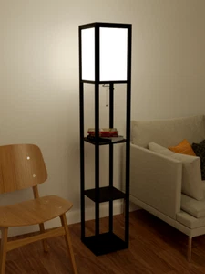 Wooden Floor Lamp with Storage Shelves Free Standing Lounge Light Shelf Office - Picture 1 of 9