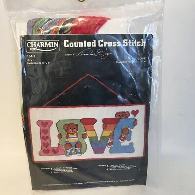 Набор для вышивки счетным крестом Janlynn Charmin «Love» 10 x 5 дюймов 1984 Bears Hearts винтажный - Изображение 1 из 4