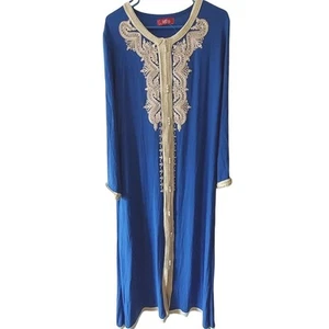 Muslim Maya Ethnic Sz M Blue Gold Hui Woman's Robe Long-sleeved Maxi Dress Robe - Picture 1 of 16
