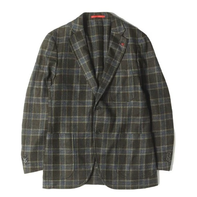 Isaia Men Jacket Olive Blue Size 44 Wool/Cashmere Check Two Button Tailored Oute - Image 1 of 4