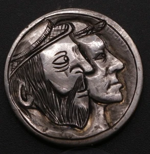 Two Headed Trouble - Hand Engraved - Double Face Hobo Nickel - First of its Kind - Picture 1 of 4