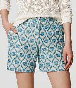 Ann Taylor LOFT The Riviera 100% Linen Shorts Sz 8 Blue White Geo 6" Inseam - Picture 1 of 6
