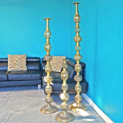 Three Vintage Ornate Indian Cast Brass Floor-Standing Candle Pillars/Stands - Image 1 of 4