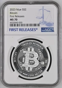 Niue 2023 Bitcoin NGC MS 70 First Releases 1 Oz 9999 Fine Silver Coin $ 2 - Picture 1 of 2